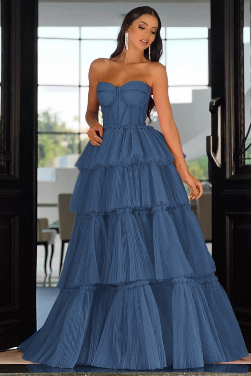 Elegant Sweetheart Strapless Prom Dress Long Sleeveless Layers Hot Pink BMBRIDE