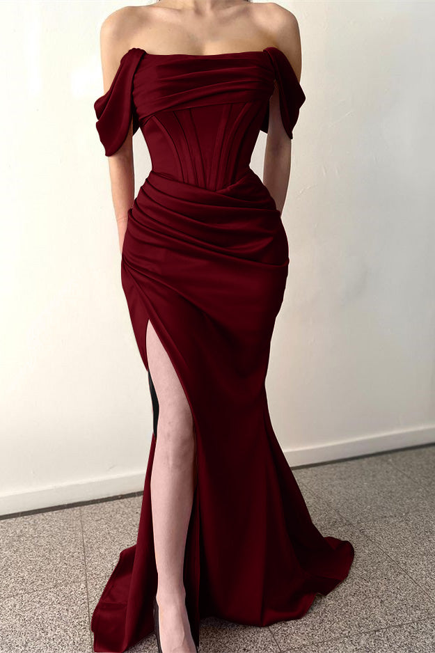 Dusty Rose Off-The-Shoulder Mermaid Prom Dress with Pleats and Split BM bride