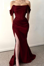 Dusty Rose Off-The-Shoulder Mermaid Prom Dress with Pleats and Split BM bride
