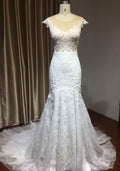 Mermaid Cap Sleeve Sheer Wedding Dress with Tulle Appliques BM bride