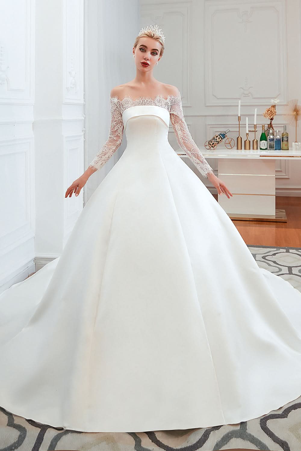 Stunning Off-the-Shoulder Long Sleeve A-Line Satin Wedding Dress with Lace BM bride