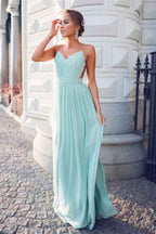 Chiffon Mint Spaghetti Strap Backless Sleeveless V Neck Long Prom Dress