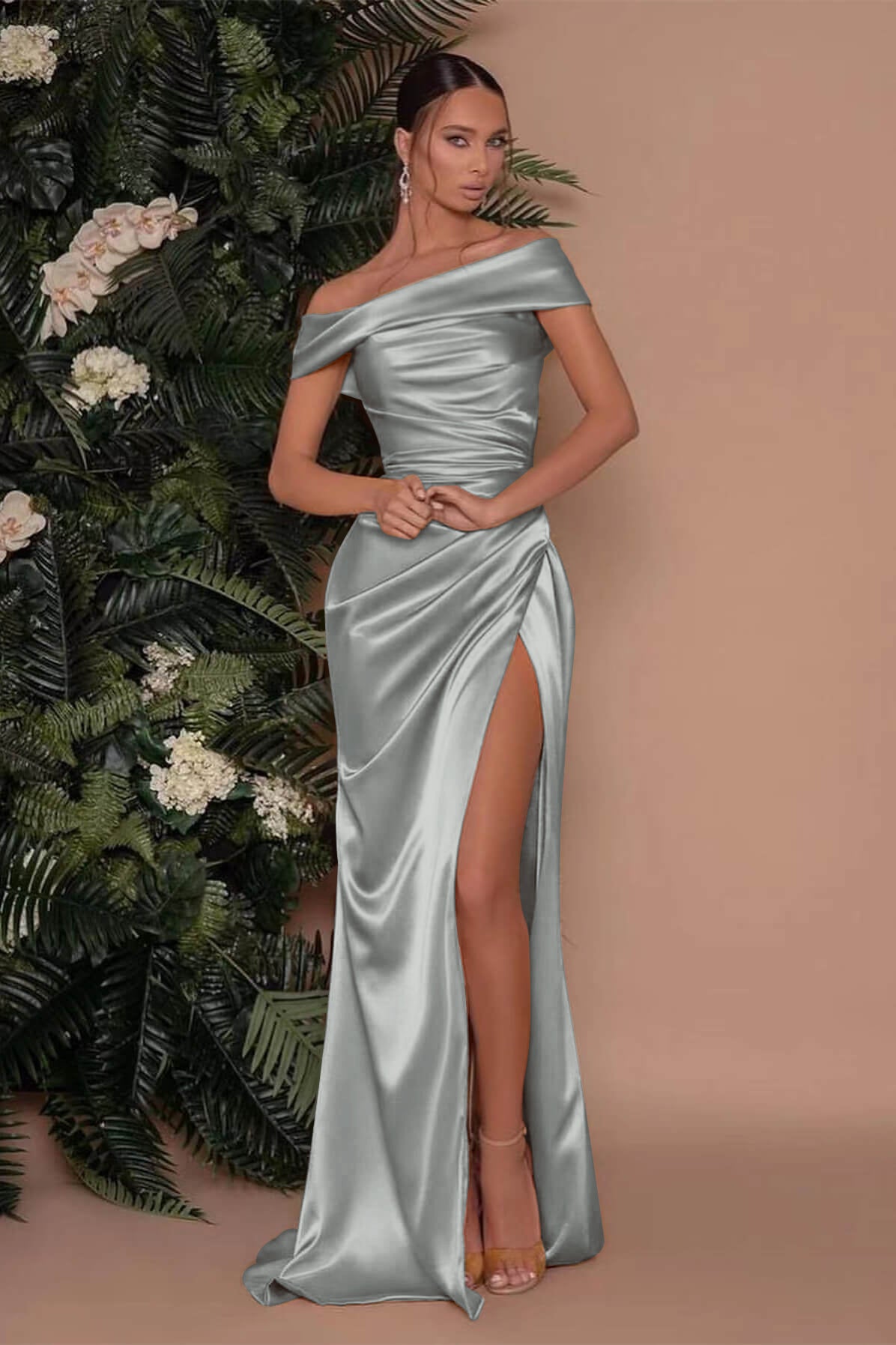 Champagne Off-The-Shoulder Charmeuse Prom Dress with Split Mermaid BM bride