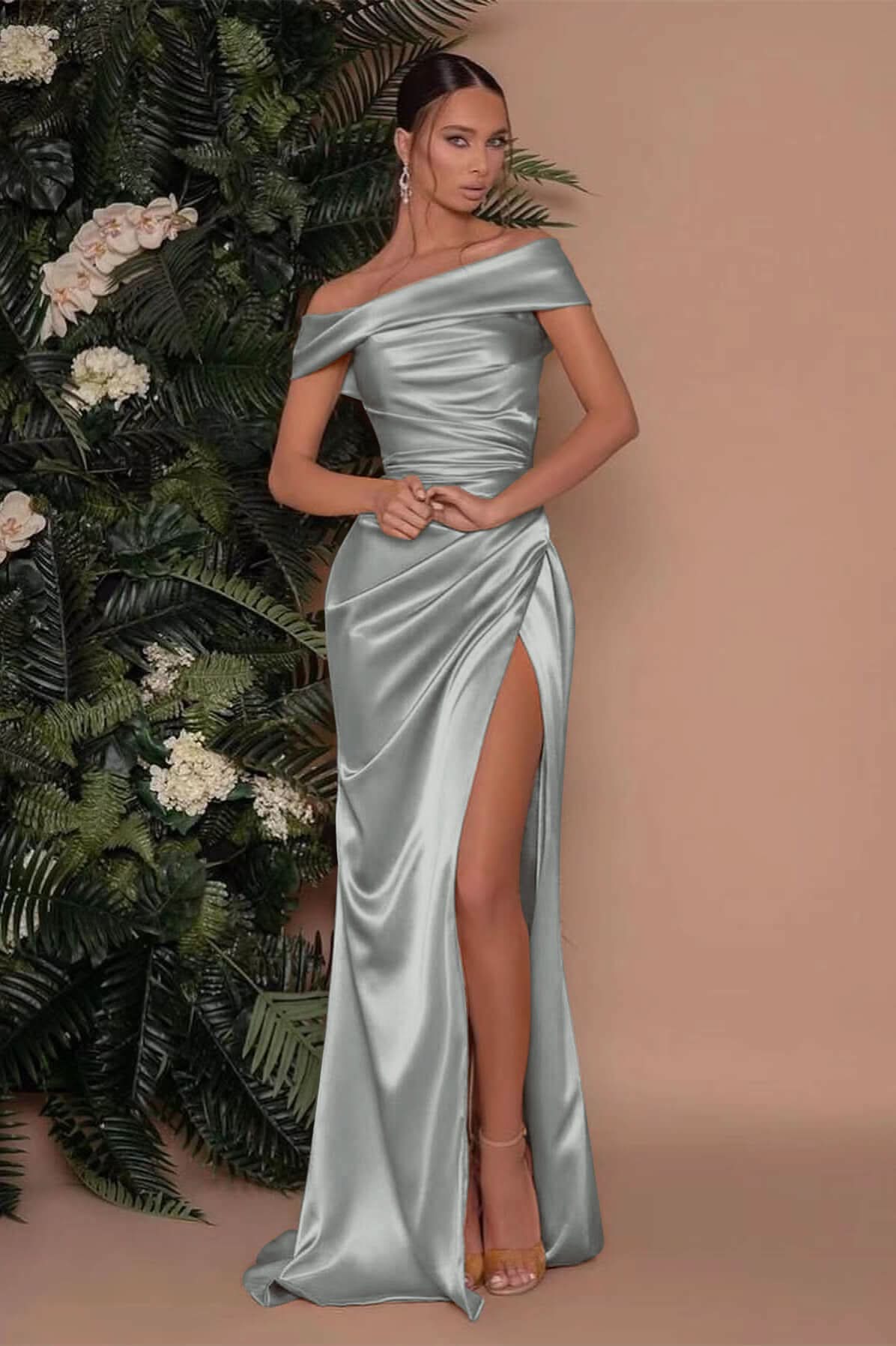 Champagne Off-The-Shoulder Charmeuse Prom Dress with Split Mermaid BM bride