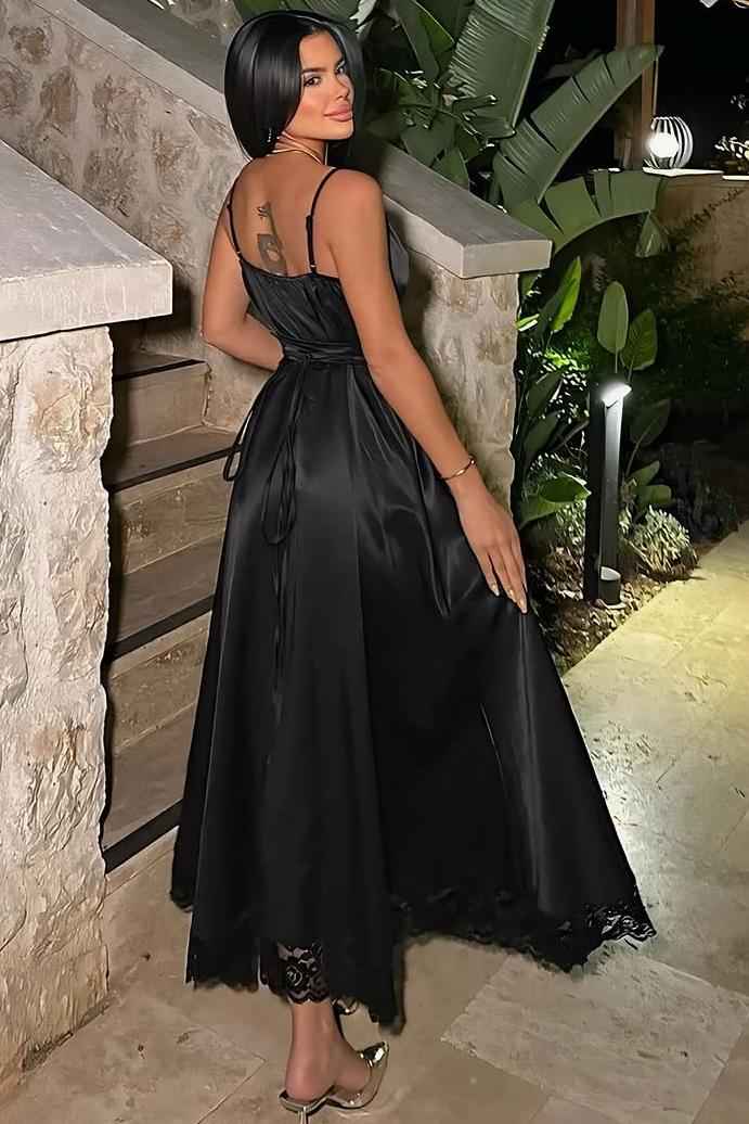 Black Spaghetti Strap Sleeveless A Line Long Prom Dress With Lace