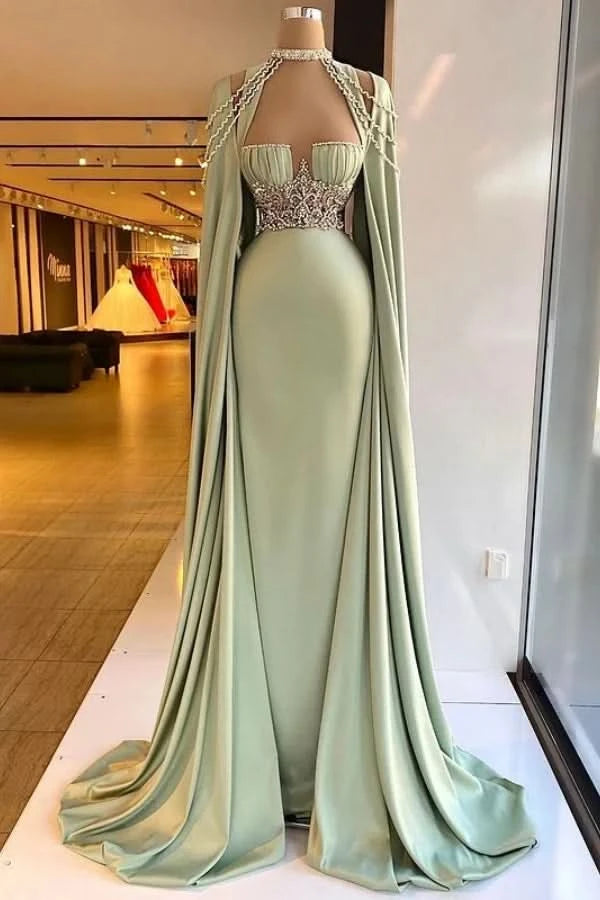 Elegant Halter Green Beaded A-Line Mermaid Prom Dress BM bride