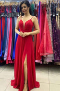 Long Spaghetti Straps Sleeveless Red A Line Prom Dress With Front Split