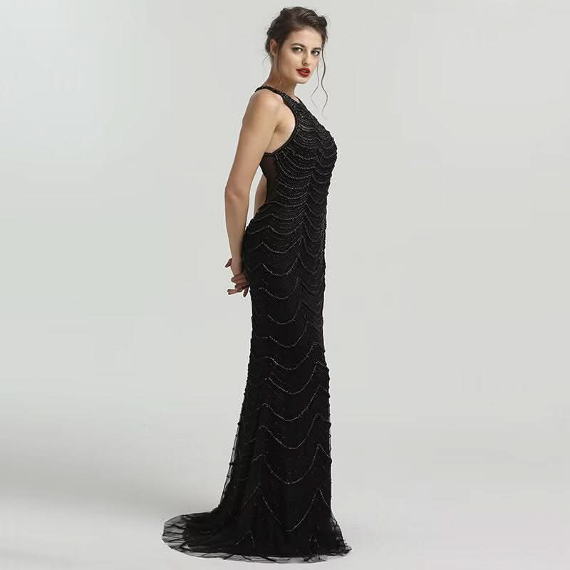 Black Sequin Tulle Mermaid Prom Dress with Sleeveless Design BM bride