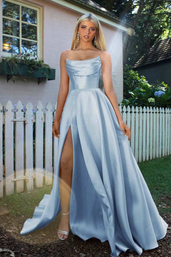 Strapless Sleeveless A Line Long Prom Dress With Split Pleated BMBRIDE