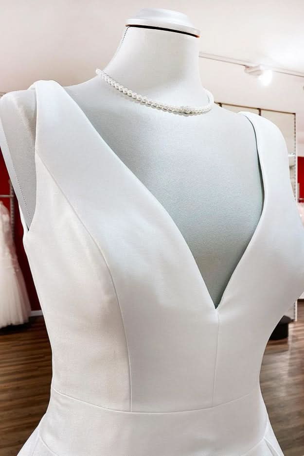 Long A-Line V-Neck Satin Open Back Wedding Dress with Ruffles BM bride