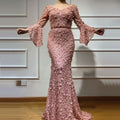 Dusty Rose Prom Dress, V-Neck Long Sleeve Mermaid with Applique BM bride