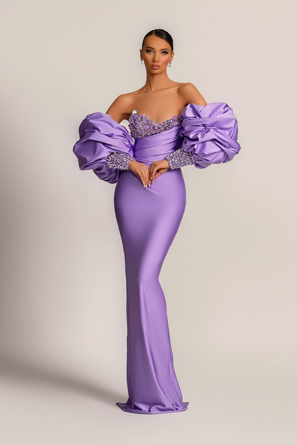 Purple Mermaid Prom Dress with Bubble Sleeves BM bride