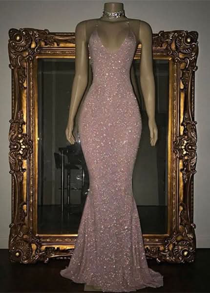 Elegant Halter V-Neck Mermaid Evening Dress with Sequins BM bride