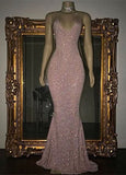 Elegant Halter V-Neck Mermaid Evening Dress with Sequins BM bride
