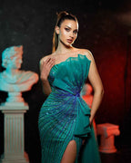 Tulle Sleeveless Shining Strapless Beading Front Split Prom Dress