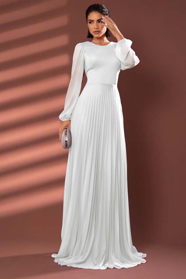Chiffon Jewel Neck Long Sleeves Long Prom Dress With Pleated BMBRIDE