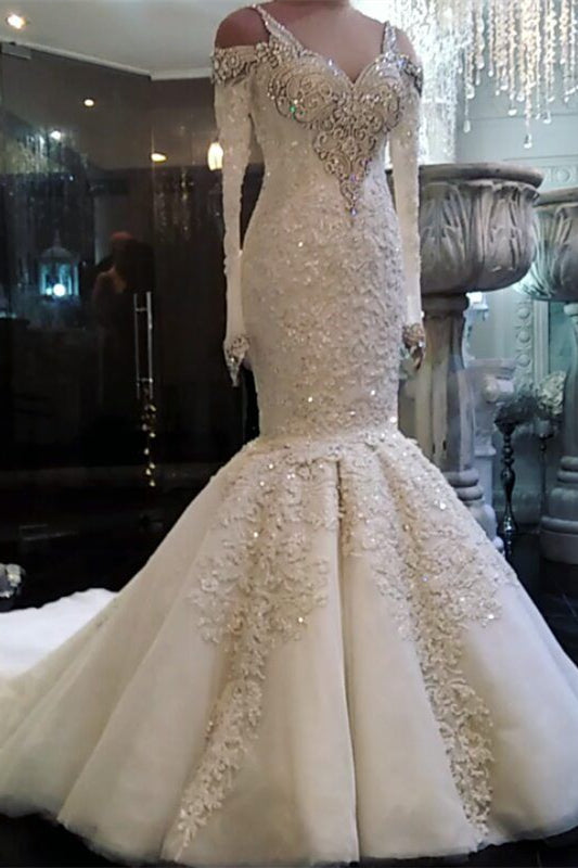 V-Neck Long Sleeve Beaded Mermaid Wedding Dress with Lace Appliques BM bride