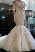 V-Neck Long Sleeve Beaded Mermaid Wedding Dress with Lace Appliques BM bride