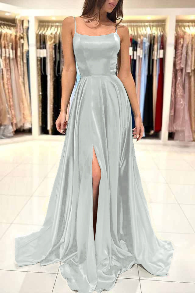 Spaghetti Strap Split Simple Long Prom Dress Green A Line BMBRIDE