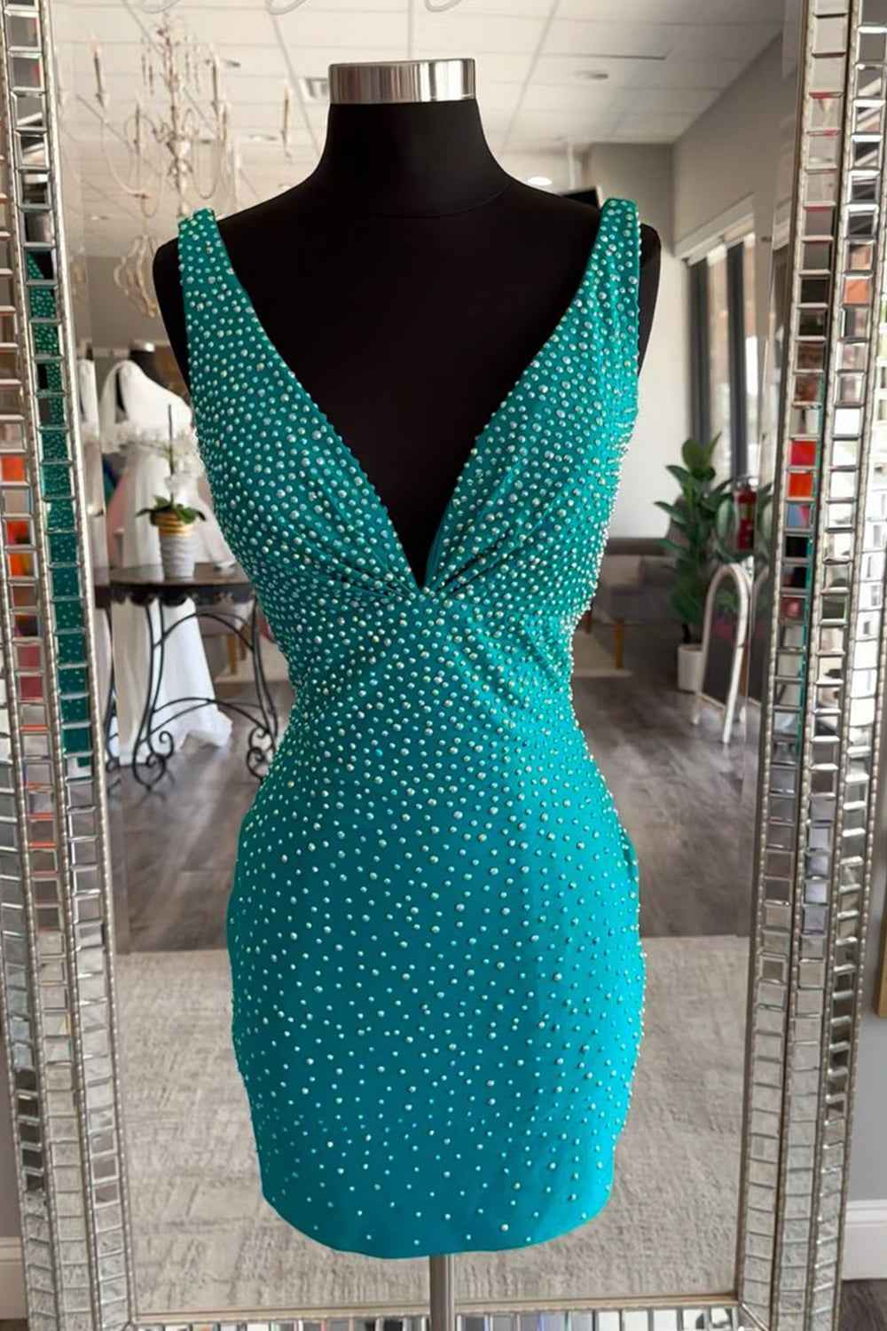 Sparkly Coral Beaded V-Neck Backless Tight Short Homecoming Dress Bmbride