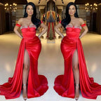 Red Off-the-Shoulder Sweetheart Beaded Mermaid Evening Dress with Split and Ruffles BM bride