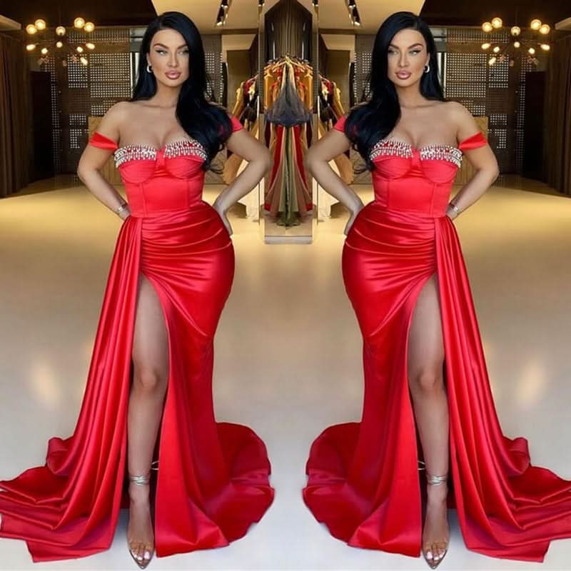 Red Off-the-Shoulder Sweetheart Beaded Mermaid Evening Dress with Split and Ruffles BM bride