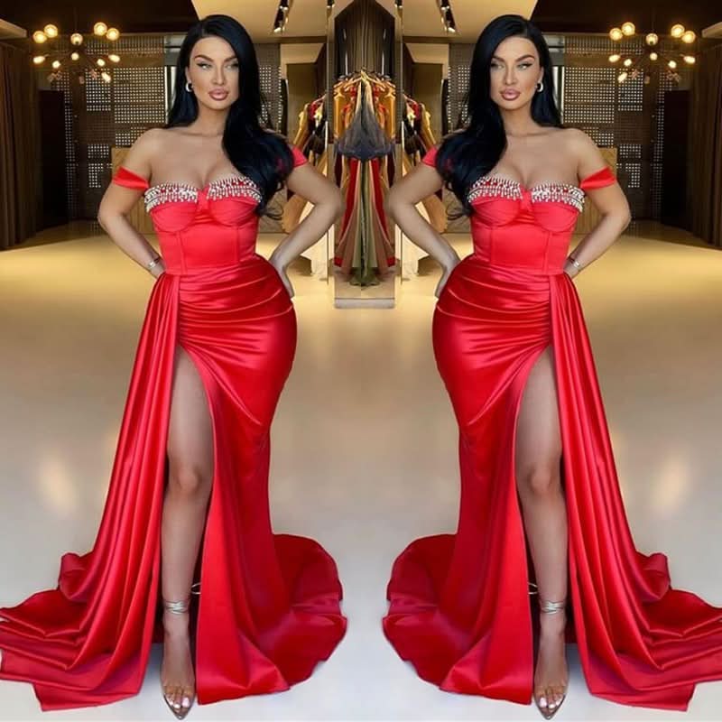 Red Split Mermaid Off-The-Shoulder Beadings Sweetheart Evening Dress Long with Ruffles BM bride
