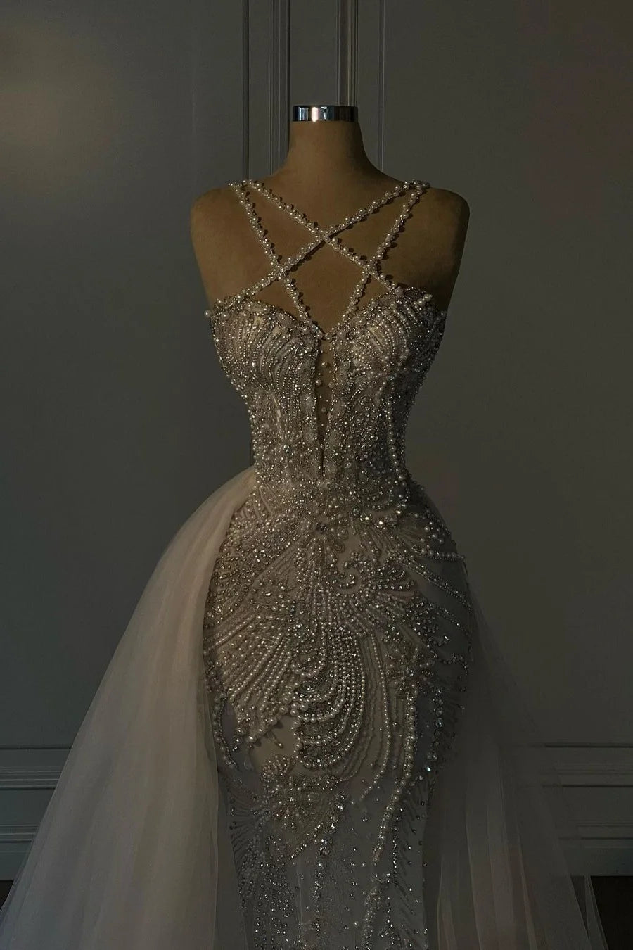 Halter Sleeveless Mermaid Long Prom Dress With Beading Tulle