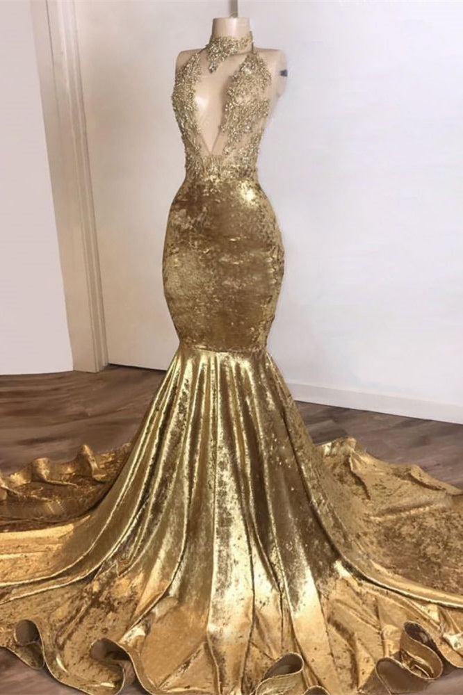 Golden High Neck Sleeveless Mermaid Prom Dress with Lace Appliques BM bride