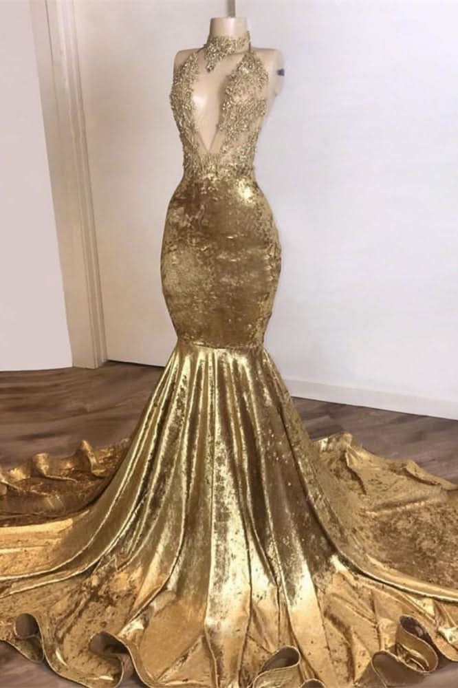 Golden High Neck Sleeveless Mermaid Prom Dress with Lace Appliques BM bride