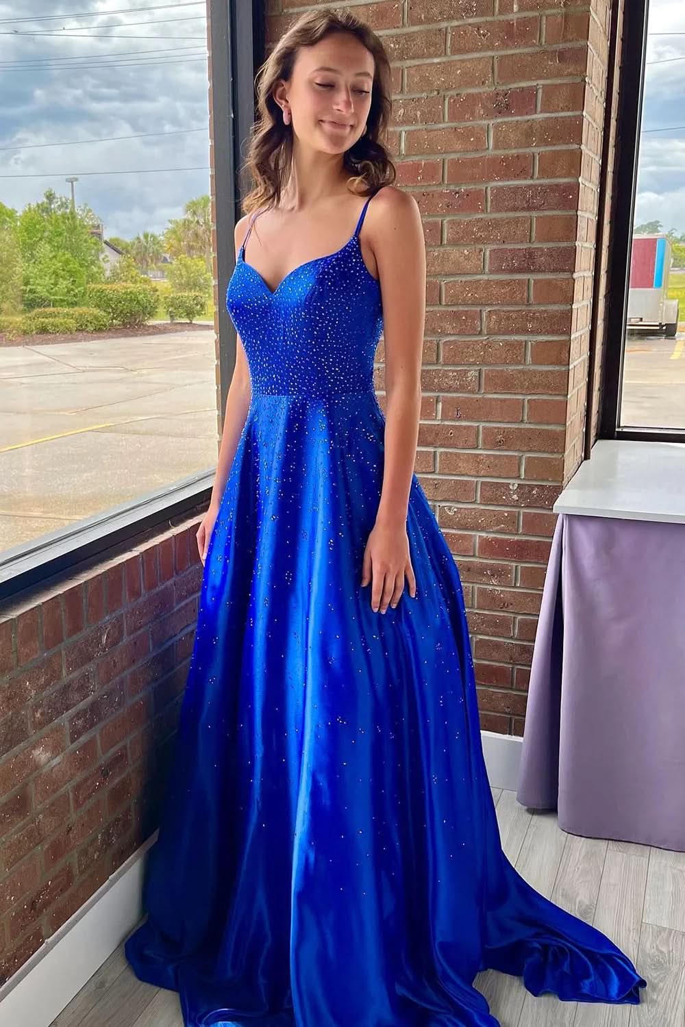 Beautiful A-Line Spaghetti Straps Royal Blue Long Prom Dress with Beading BM bride