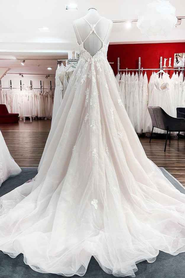 Modest Princess V-Neck Spaghetti Strap Wedding Dress with Ruffles and Lace Tulle BM bride