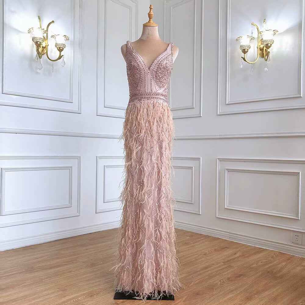 Chic V Neck Feather Appliques Sleeveless Bead Embroidery Blushing Pink Long Prom Dress
