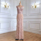 Chic V Neck Feather Appliques Sleeveless Bead Embroidery Blushing Pink Long Prom Dress