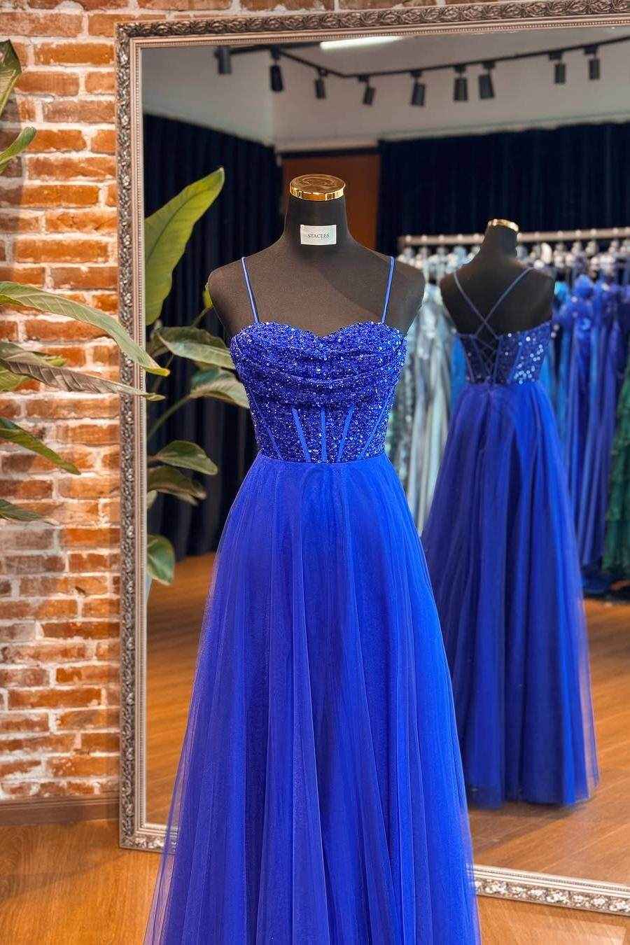 Tulle Spaghetti Strap Sleeveless Long Prom Dress With Sequins