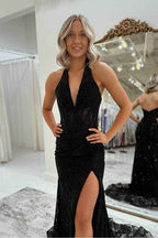 Black Halter Sleeveless V Neck Mermaid Long Prom Dress With Split