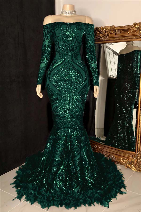 Long Sleeves Strapless Mermaid Prom Dress Sequins Burgundy With Feather BMBRIDE