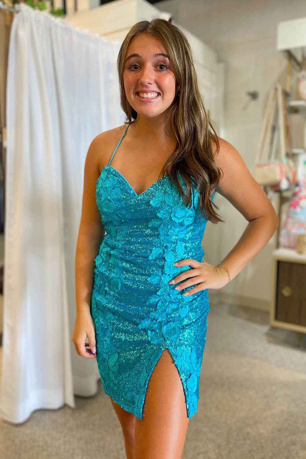 Sparkly Lilac Sequined Tight Short Homecoming Dress with 3D Flowers