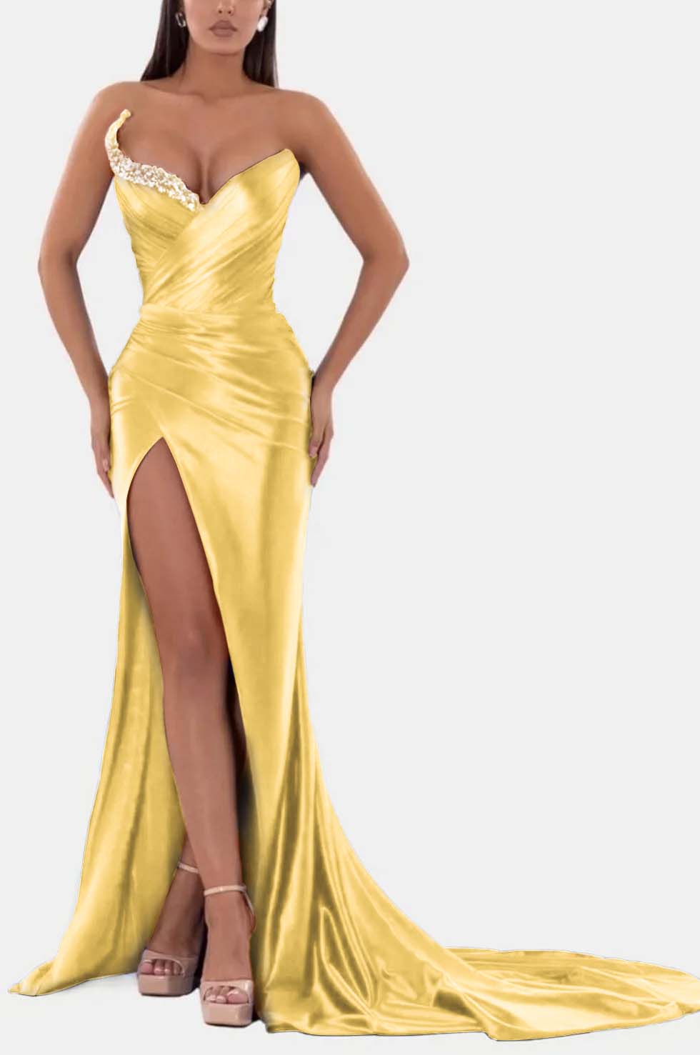 Sexy Royal Blue Prom Dress V Neck With High Slit Pleated Strapless Sleeveless BMBRIDE