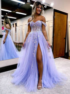 Whimsical A-Line Off-the-Shoulder Lace Tulle Prom Dress with a Chic Slit BM bride
