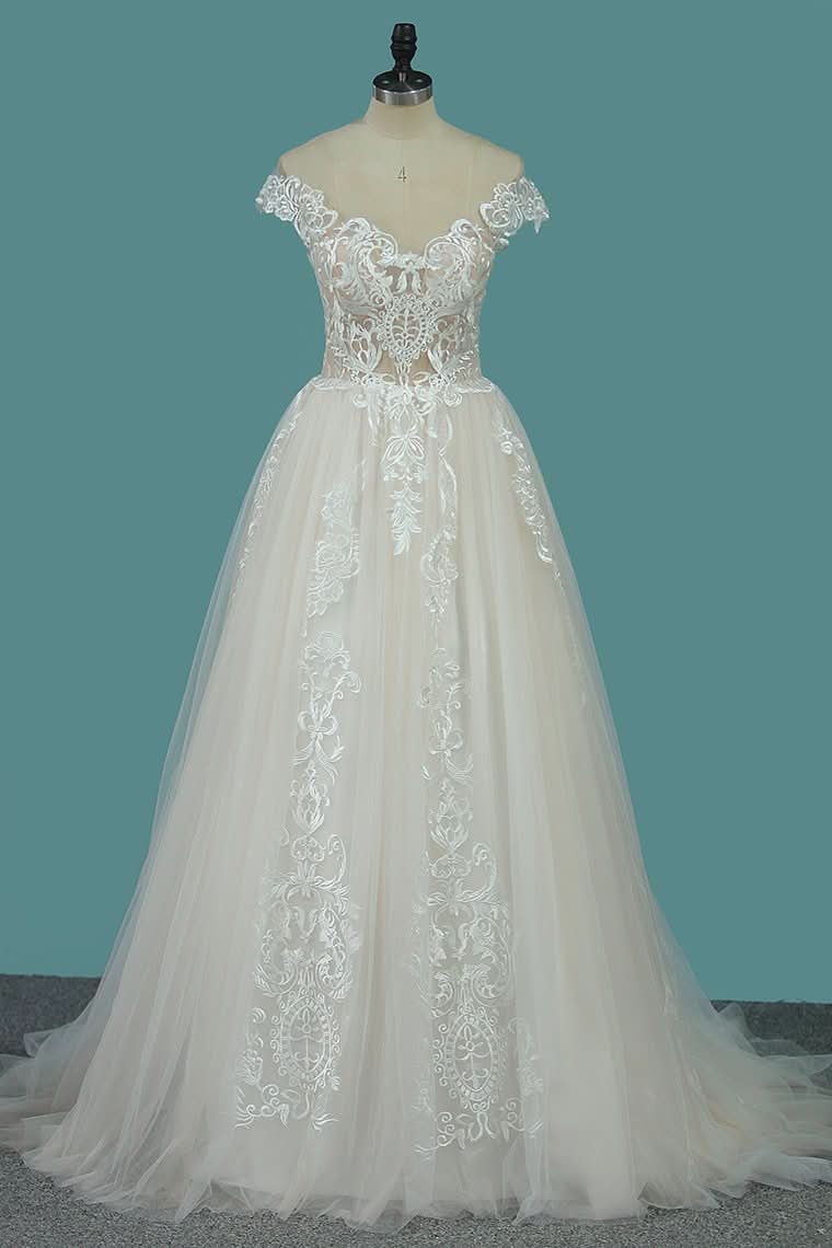 Bateau A-Line Wedding Dress Floor-length With Ruffles Tulle Appliques Lace BM bride