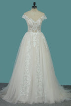 Bateau A-Line Wedding Dress Floor-length With Ruffles Tulle Appliques Lace BM bride