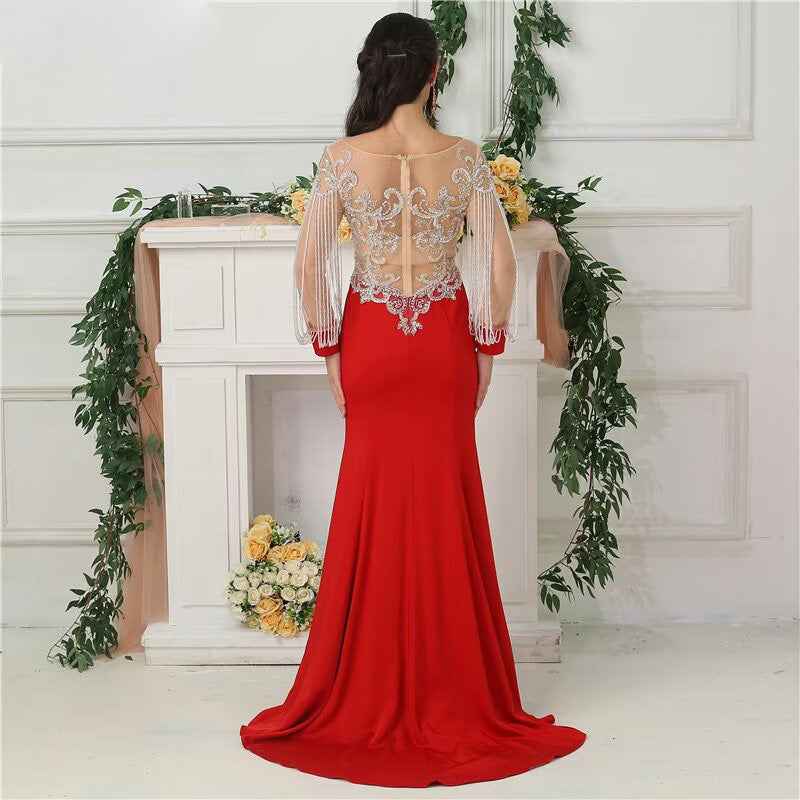 Charming Sweetheart Red Bead Embroidery Tassels Applique Long Prom Dress