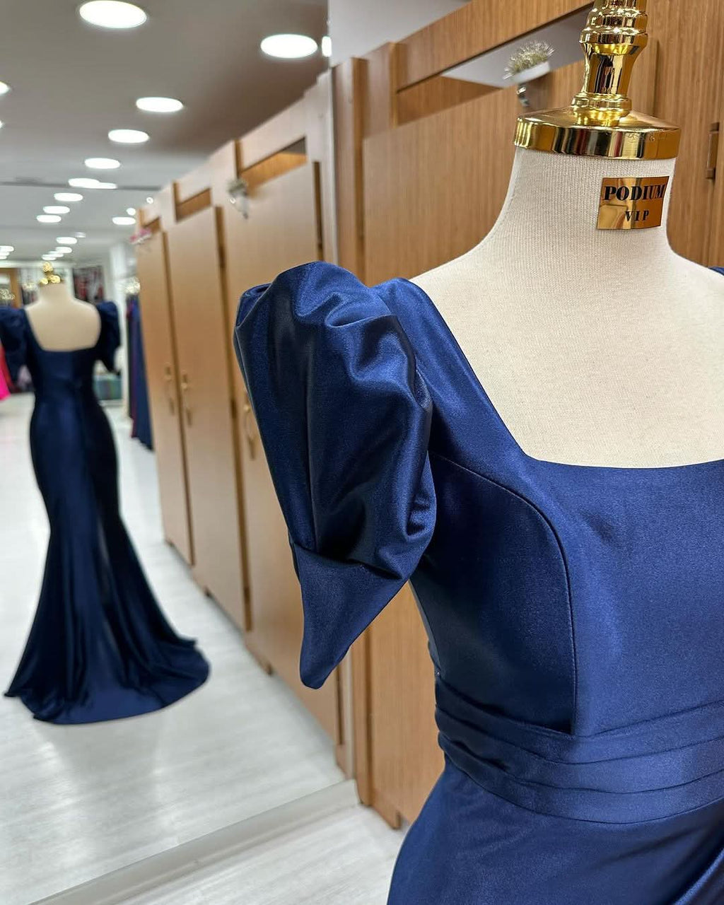 Royal Blue Square Neck Long Mermaid Prom Dress with Bubble Sleeves and Slit BM bride