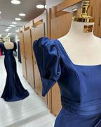 Royal Blue Square Neck Long Mermaid Prom Dress with Bubble Sleeves and Slit BM bride