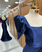 Royal Blue Long Mermaid Prom Dress Bubble Sleeves Square With Slit