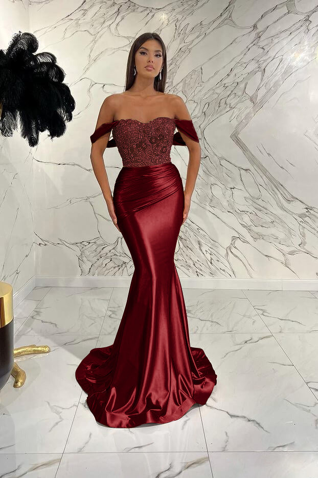 Gorgeous Off the Shoulder Mermaid Sequins Prom Dress With Beading Pleated BMBRIDE