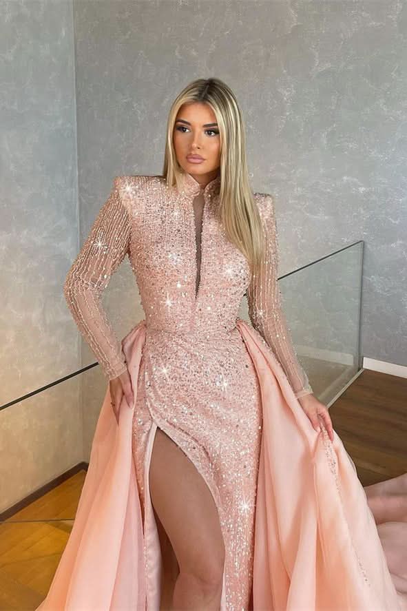 Light Pink Long Sleeves High Collar Sequins Mermaid Evening Dress with Split BM bride
