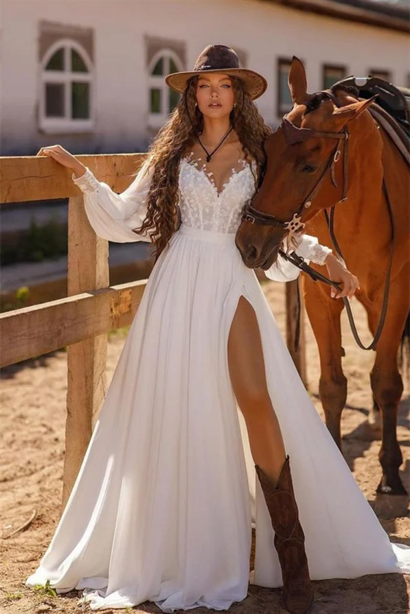 White Long Sleeve Wedding Dress with Lace and Split BM bride