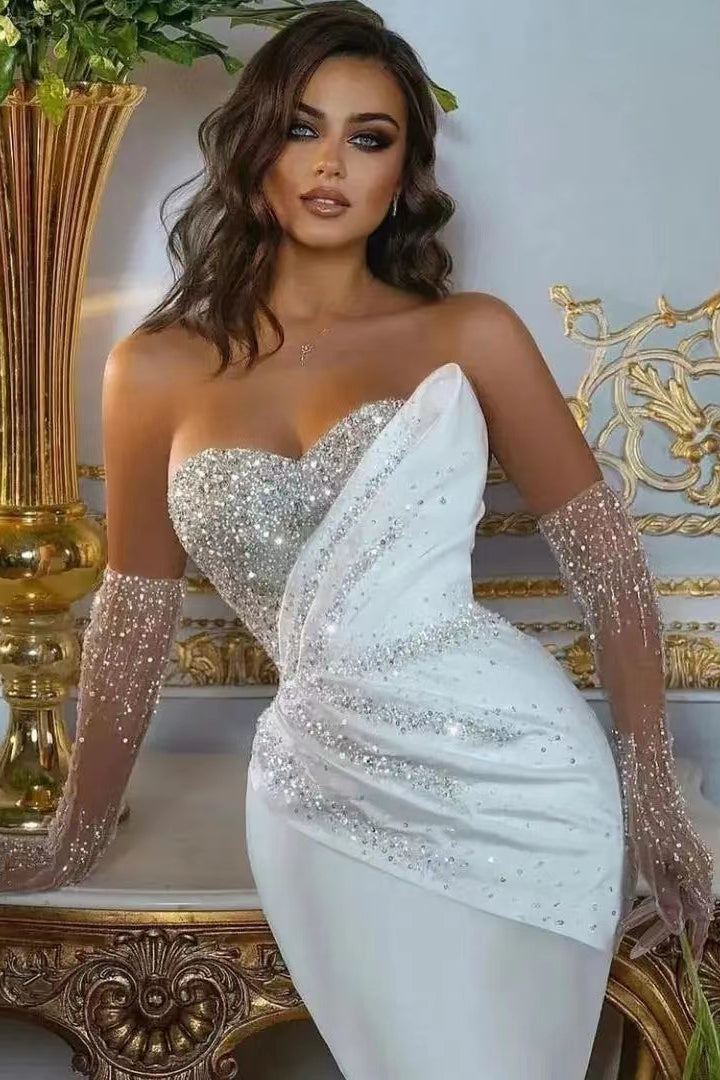White Long Sleeve Sweetheart Beaded Mermaid Wedding Dress with Detachable Skirt BM bride
